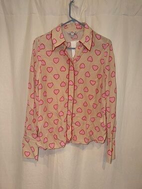 LK Bennett Beige Heart Print Button-Up Blouse with Pink Accents
